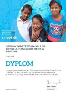 dyplom za zorganizowanie obchodów Międzynarodowego Dnia Praw Dziecka UNICEF
